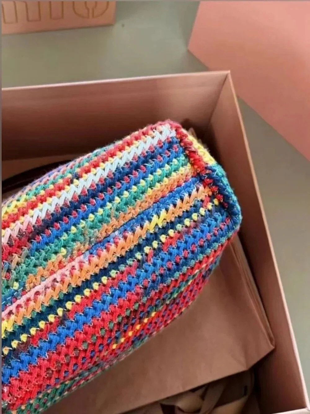 Miu Miu Multicolor Crocheted Shoulder Bag with Black Logo